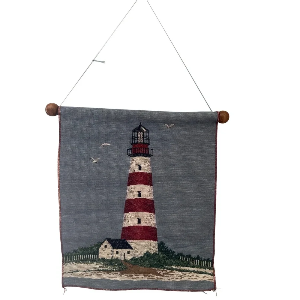 Vintage Woven Lighthouse Tapestry Wall Hanging Coastal Nautical Decor Wood Rod